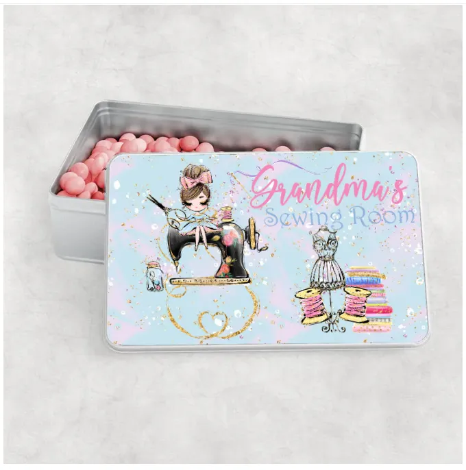 Personalised Storage Tin, Sewing Box, Girl sitting on Machine, Aluminium Tin