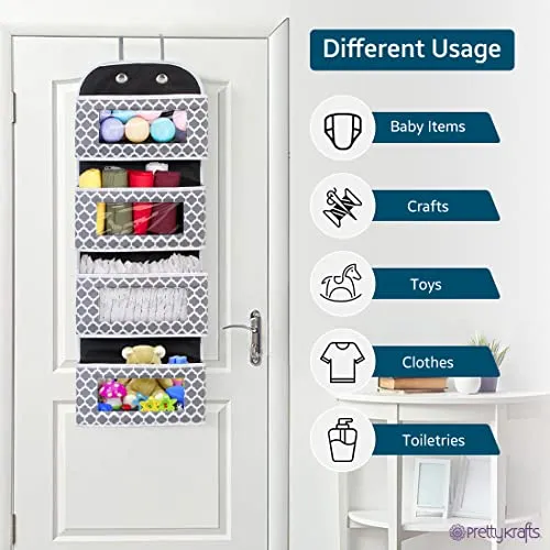 PrettyKrafts Over Door Hanging Organizer with 4 Large Pockets,Wall Mount Storage with Clear Windows and 2 Metal Hooks, Non-Woven Fabric Closet Organizer for Bedroom Nursery Pantry Toys (Qtr Grey)