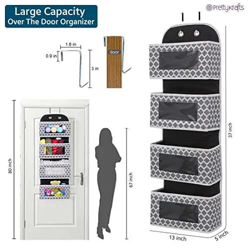 PrettyKrafts Over Door Hanging Organizer with 4 Large Pockets,Wall Mount Storage with Clear Windows and 2 Metal Hooks, Non-Woven Fabric Closet Organizer for Bedroom Nursery Pantry Toys (Qtr Grey)