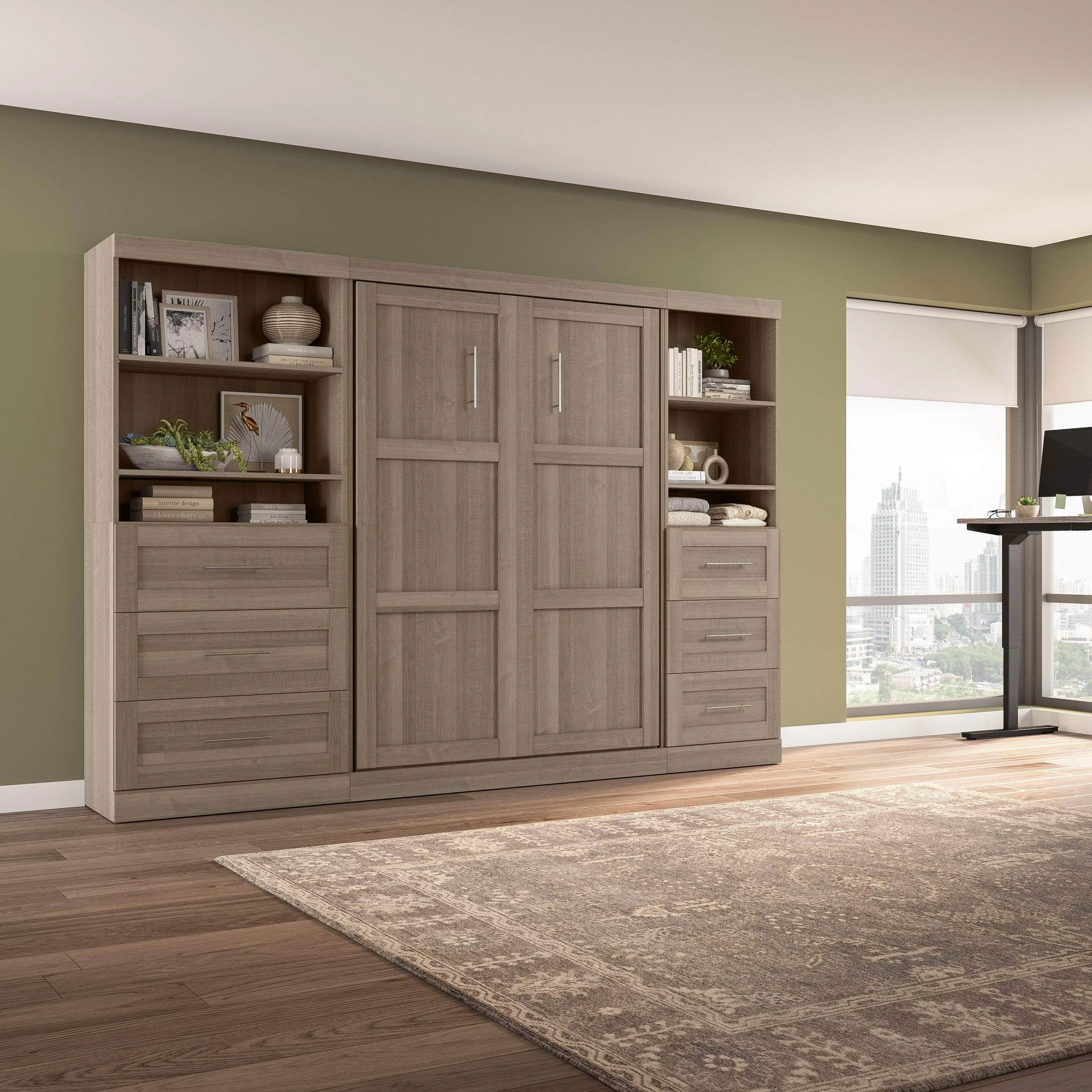 Pur Full Murphy Wall Bed and 2 Storage Units with Drawers (120”) - Available in 5 Colours