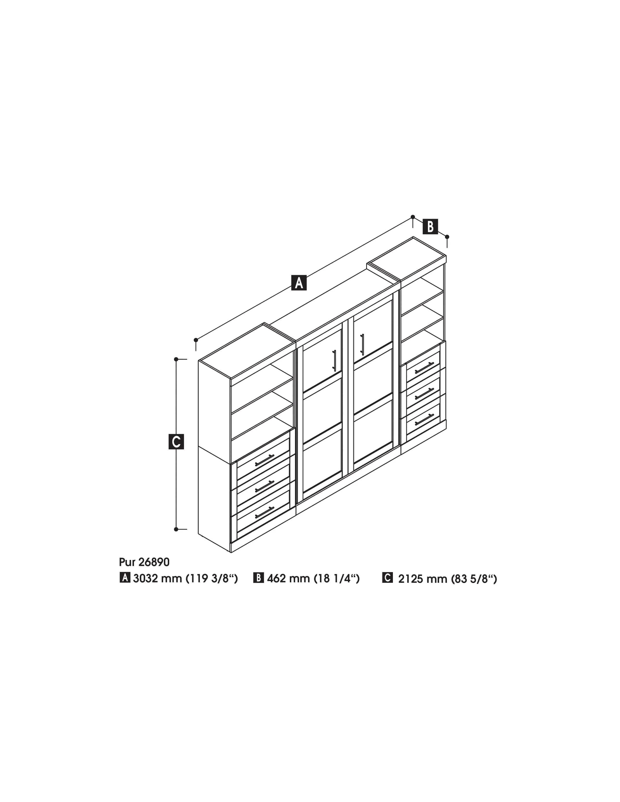 Pur Full Murphy Wall Bed and 2 Storage Units with Drawers (120”) - Available in 5 Colours