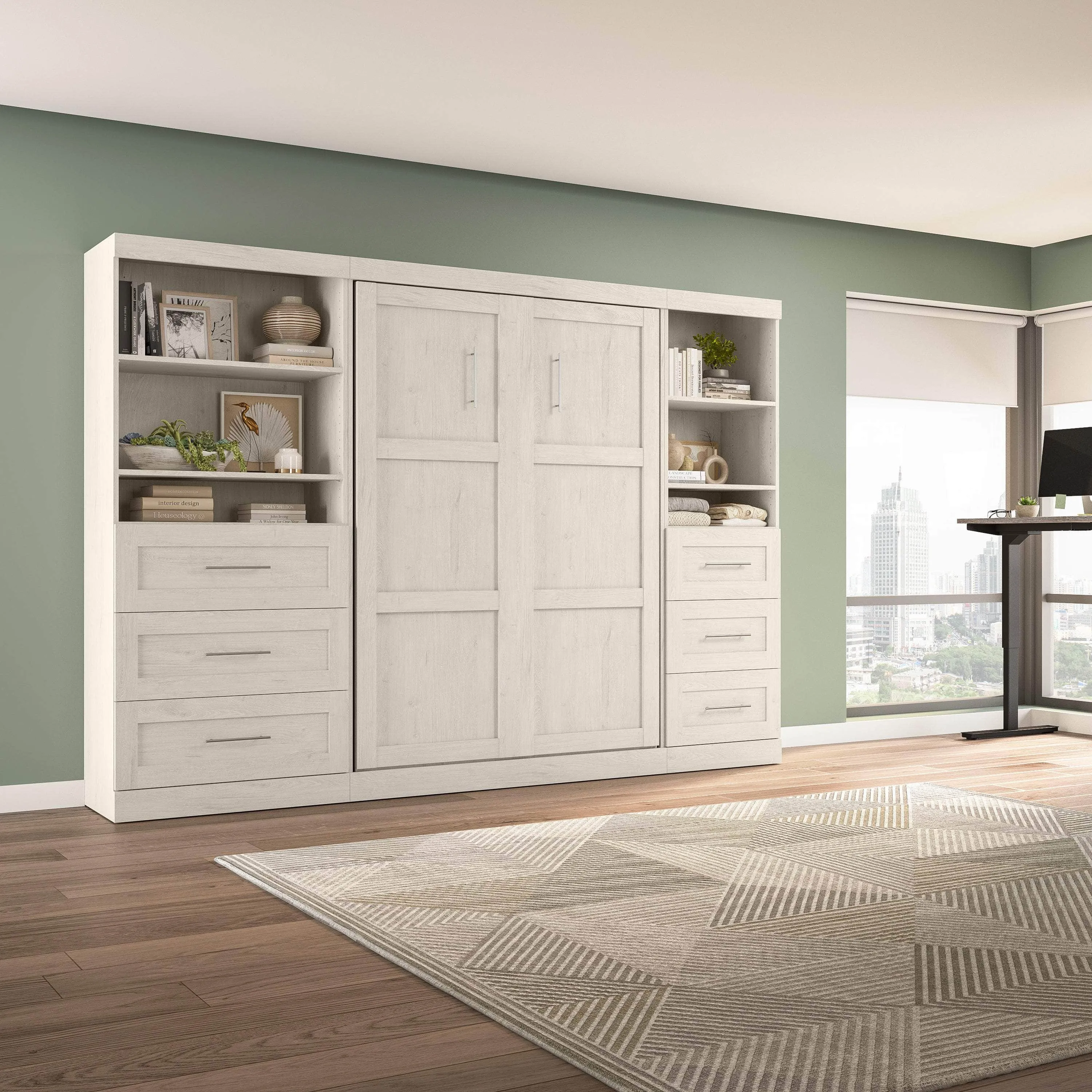 Pur Full Murphy Wall Bed and 2 Storage Units with Drawers (120”) - Available in 5 Colours