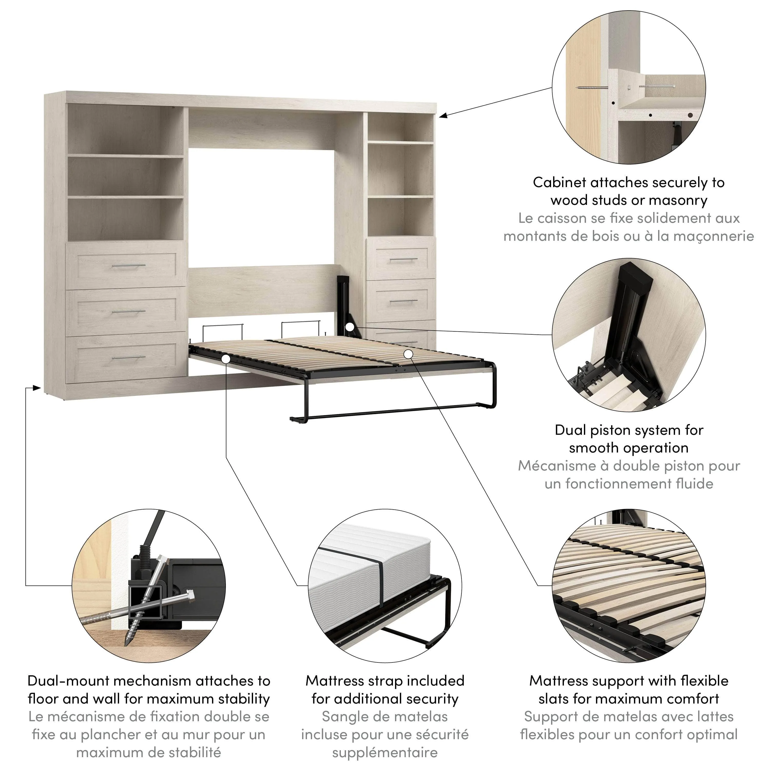 Pur Full Murphy Wall Bed and 2 Storage Units with Drawers (120”) - Available in 5 Colours