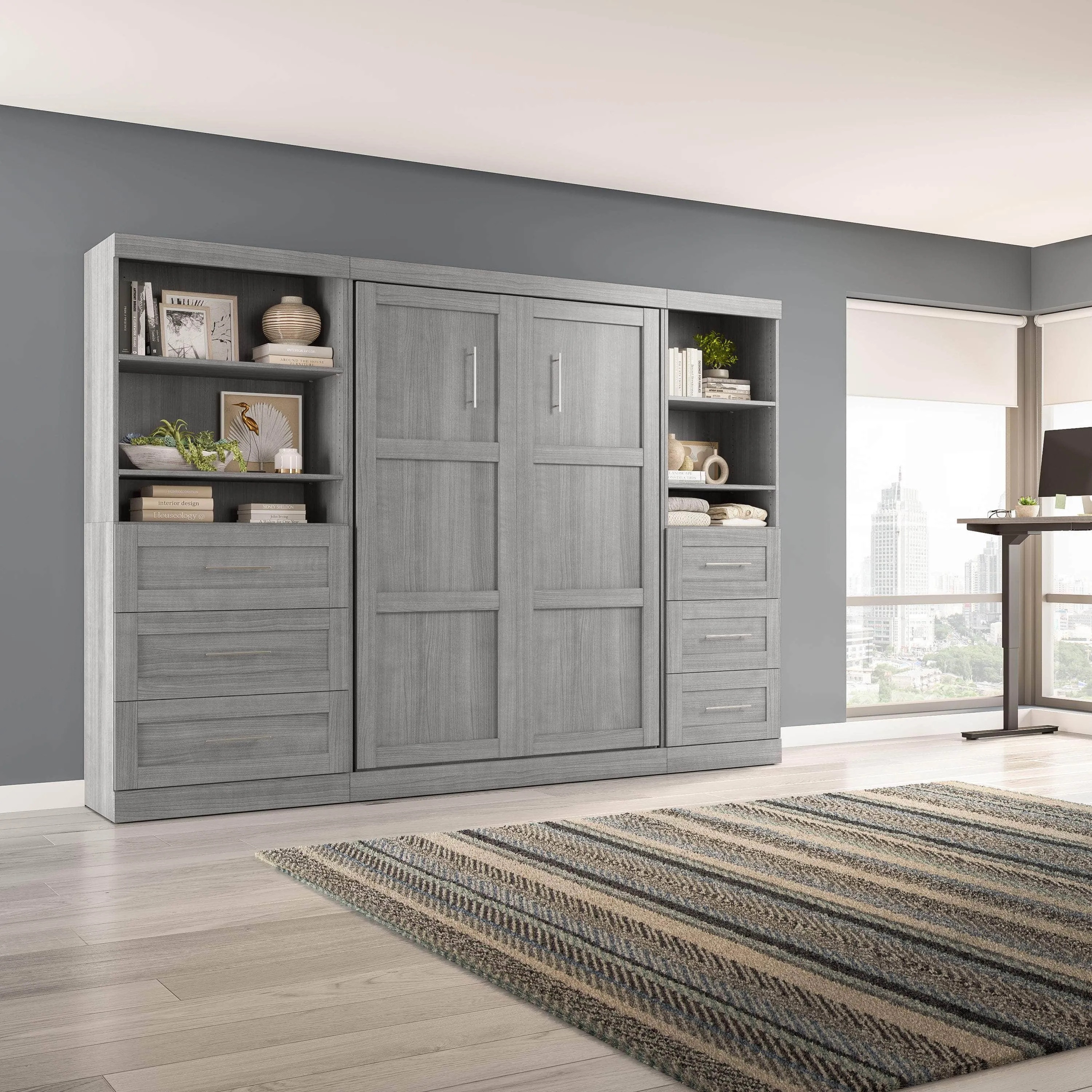 Pur Full Murphy Wall Bed and 2 Storage Units with Drawers (120”) - Available in 5 Colours