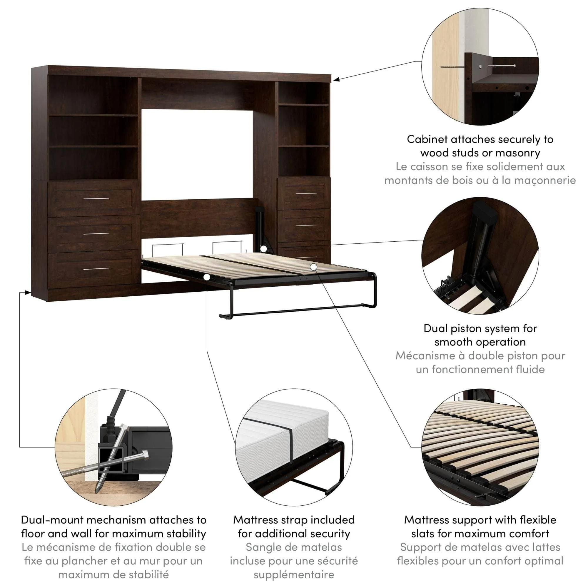 Pur Full Murphy Wall Bed and 2 Storage Units with Drawers (120”) - Available in 5 Colours