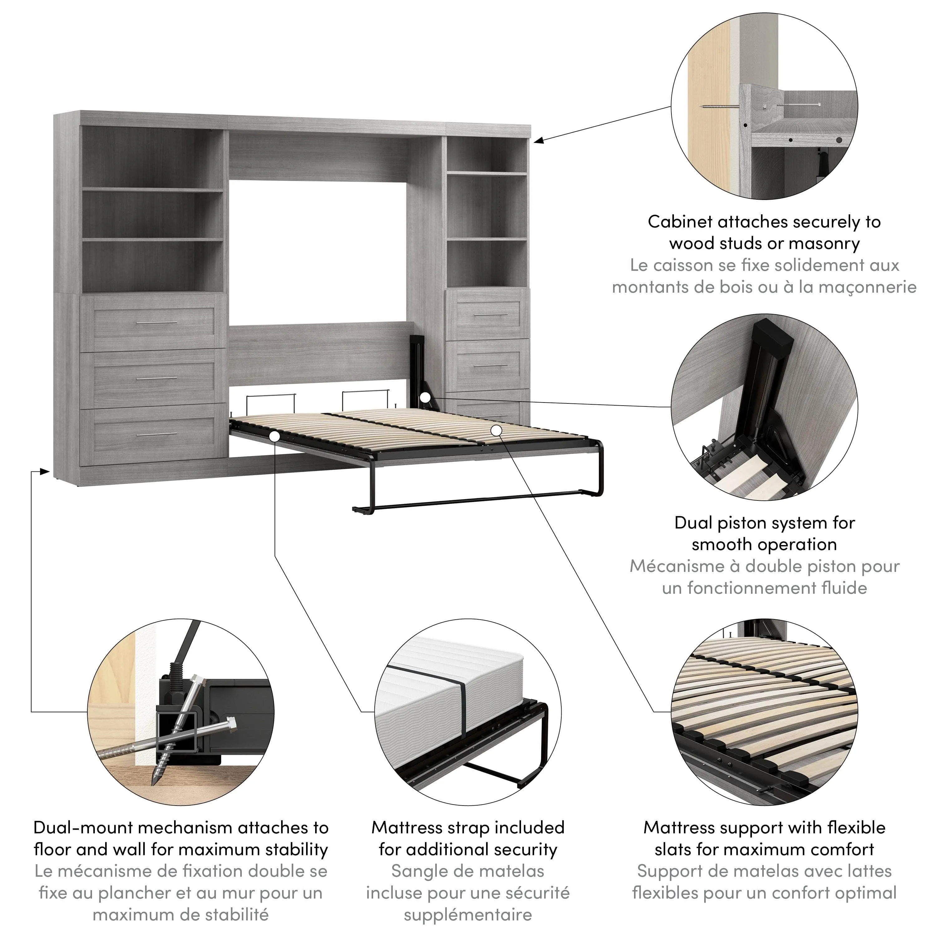 Pur Full Murphy Wall Bed and 2 Storage Units with Drawers (120”) - Available in 5 Colours