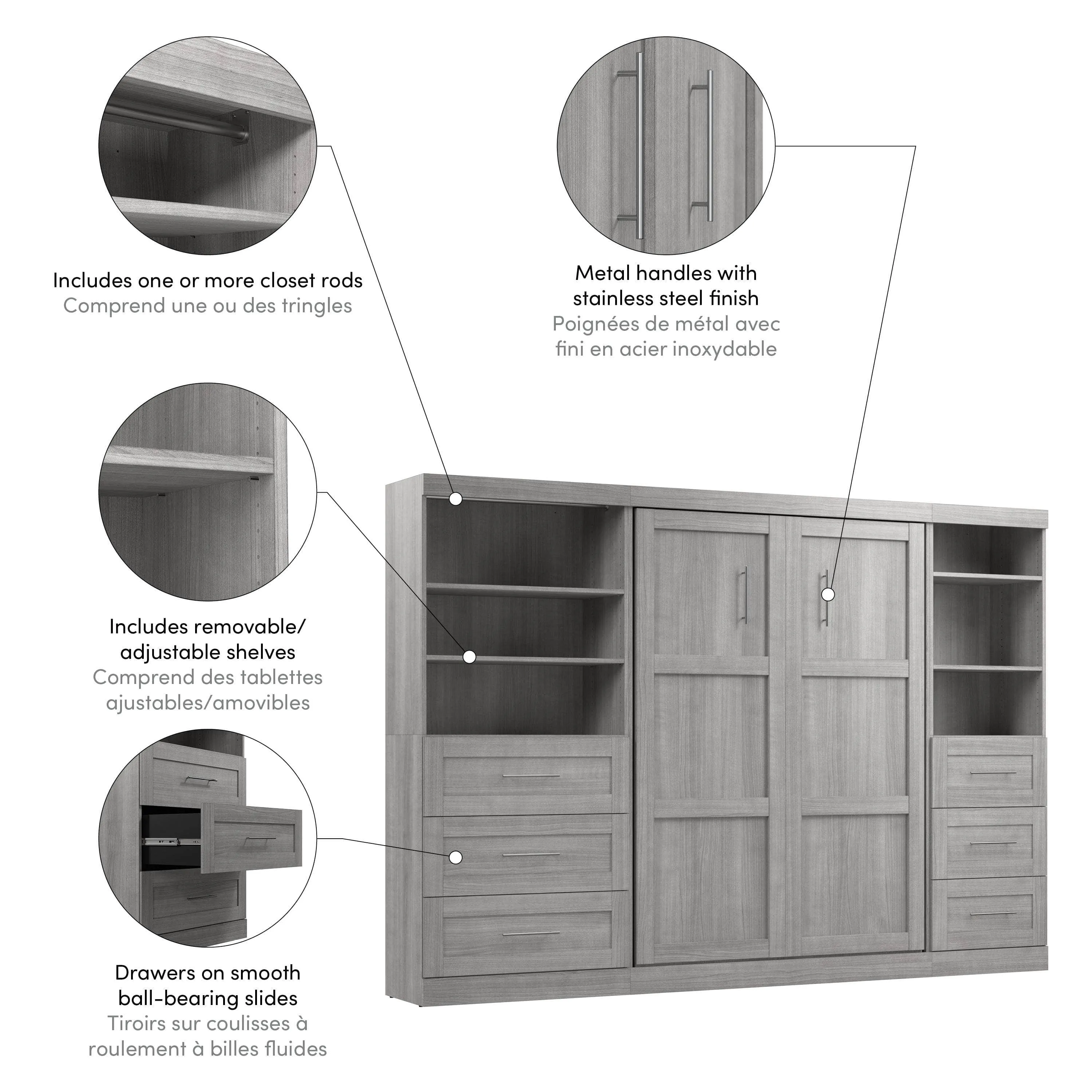 Pur Full Murphy Wall Bed and 2 Storage Units with Drawers (120”) - Available in 5 Colours