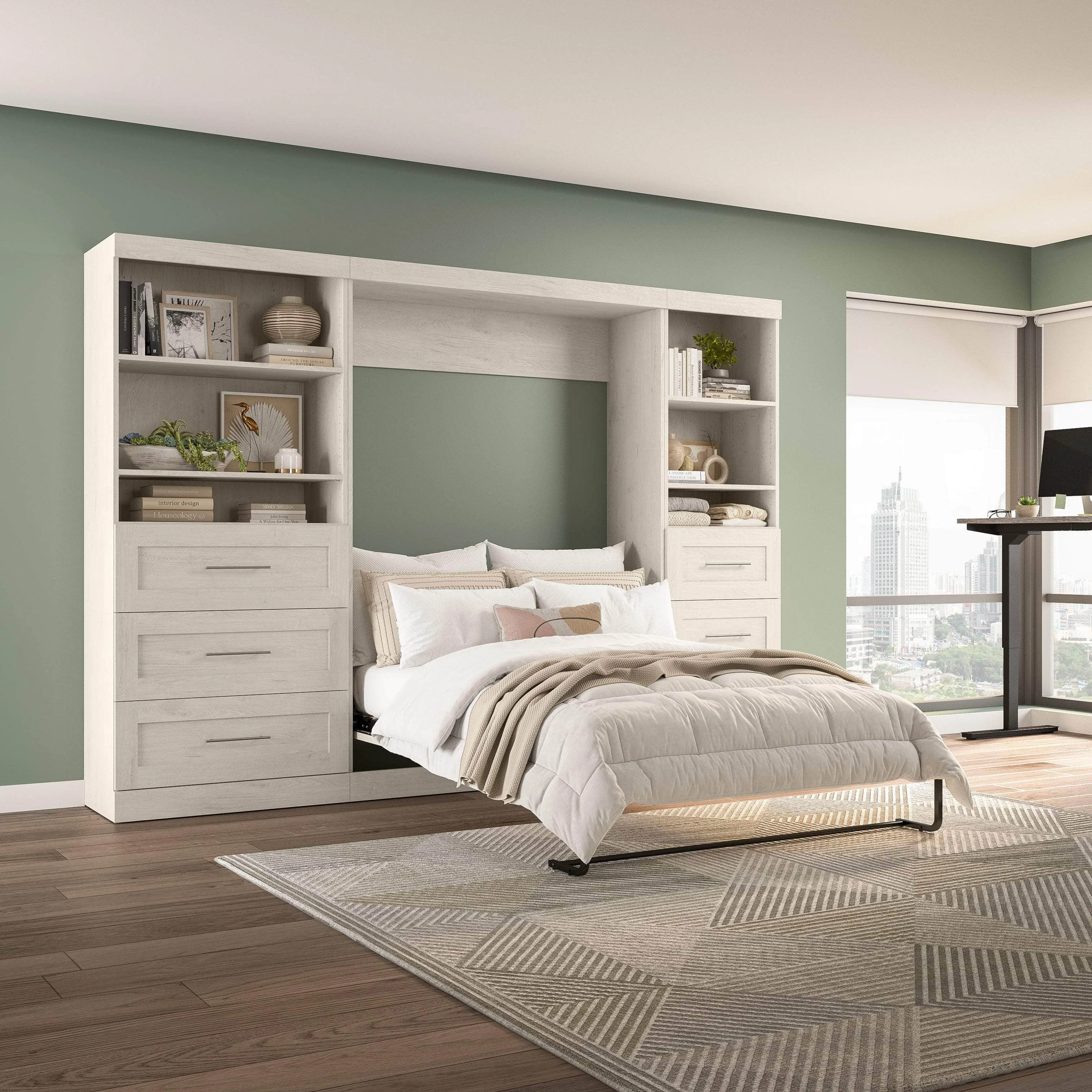 Pur Full Murphy Wall Bed and 2 Storage Units with Drawers (120”) - Available in 5 Colours