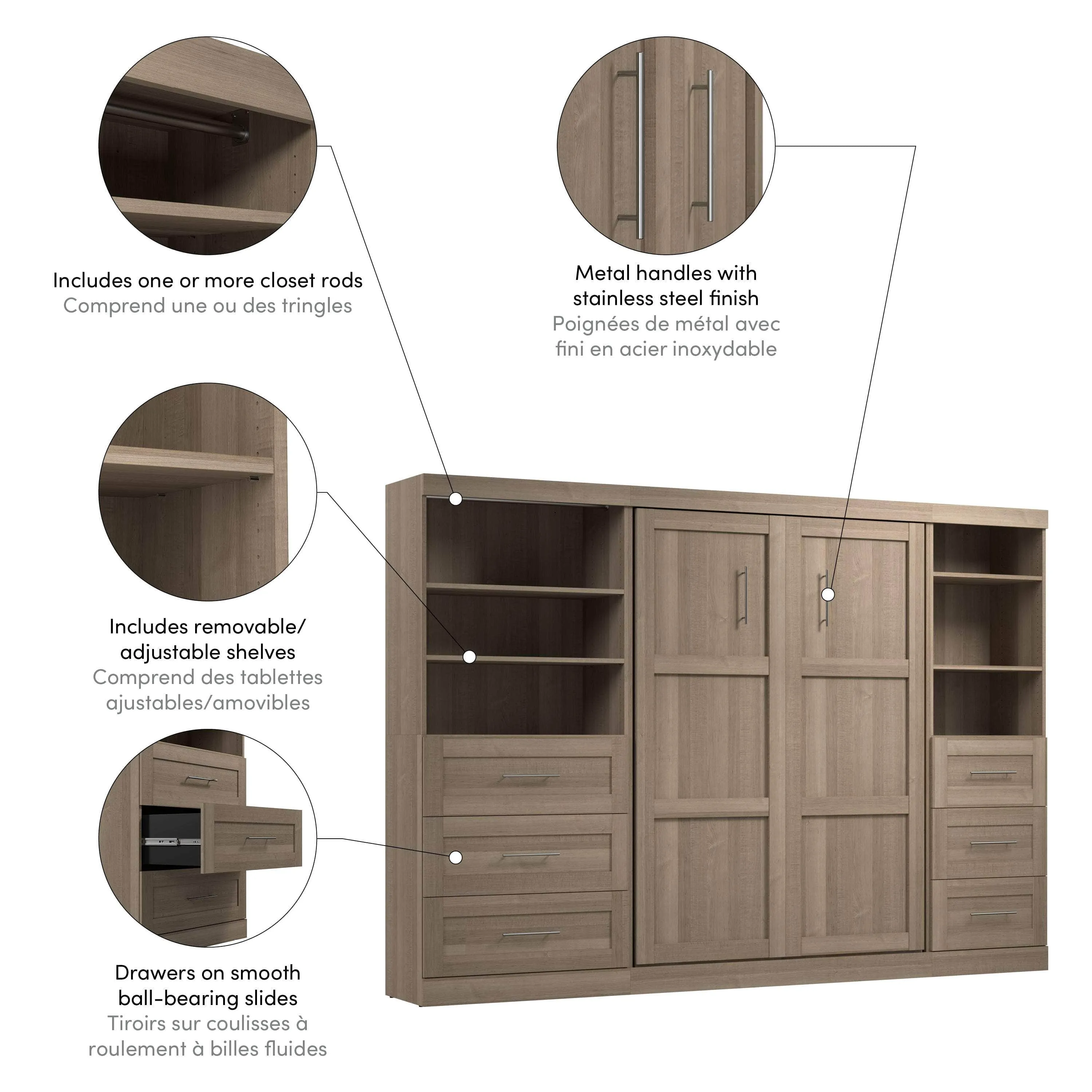 Pur Full Murphy Wall Bed and 2 Storage Units with Drawers (120”) - Available in 5 Colours