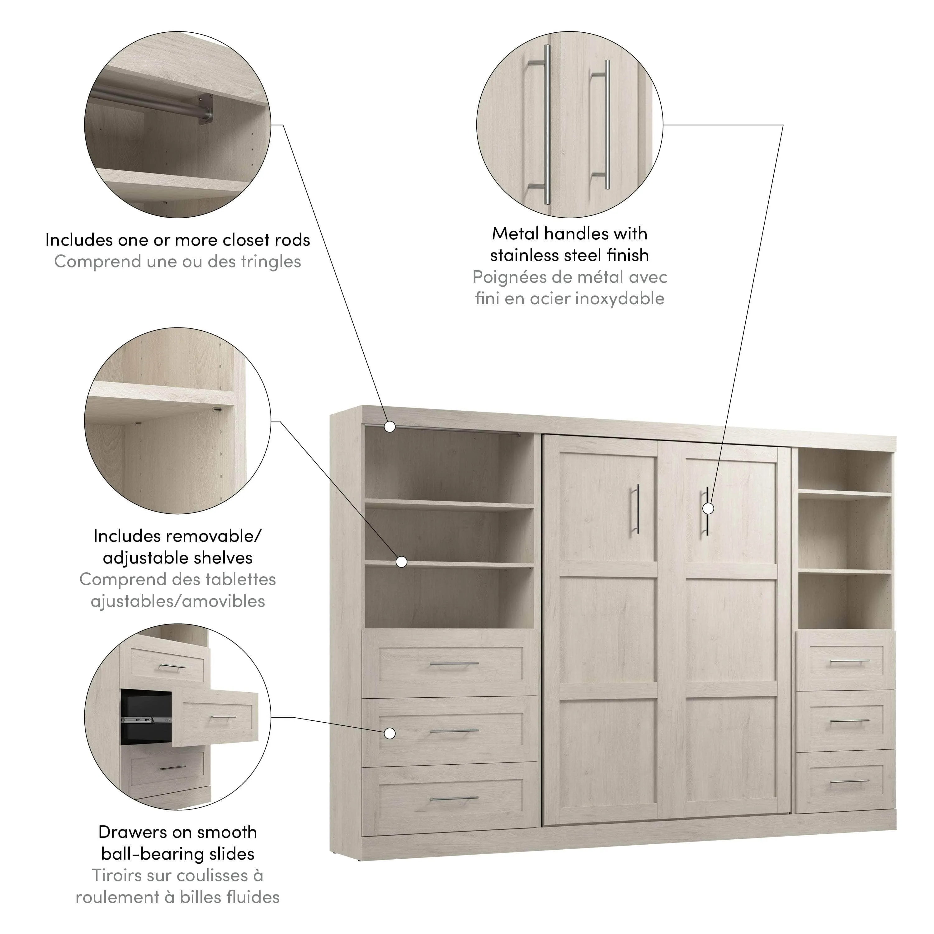 Pur Full Murphy Wall Bed and 2 Storage Units with Drawers (120”) - Available in 5 Colours