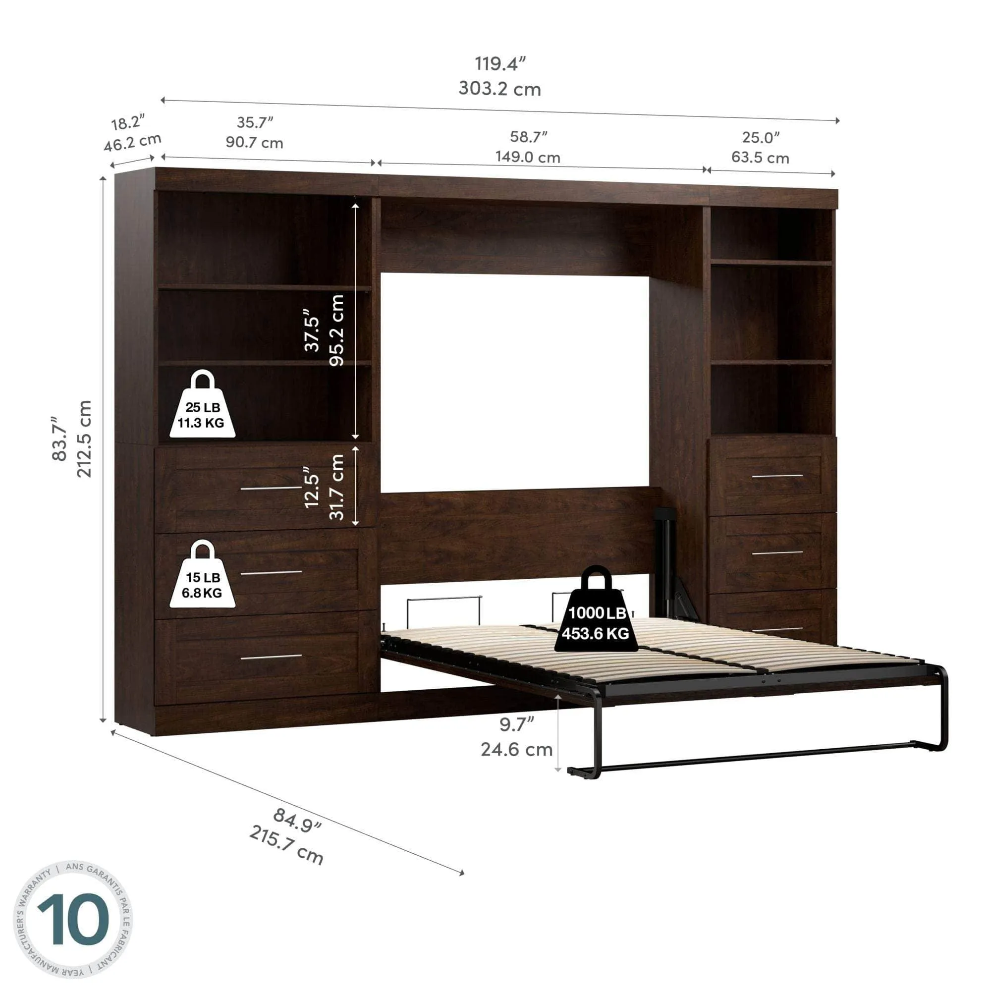 Pur Full Murphy Wall Bed and 2 Storage Units with Drawers (120”) - Available in 5 Colours