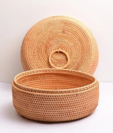 Rattan Basket, Storage Basket with Lid, Woven Basket for Kitchen, Storage Basket for Dining Room, Round Storage Basket