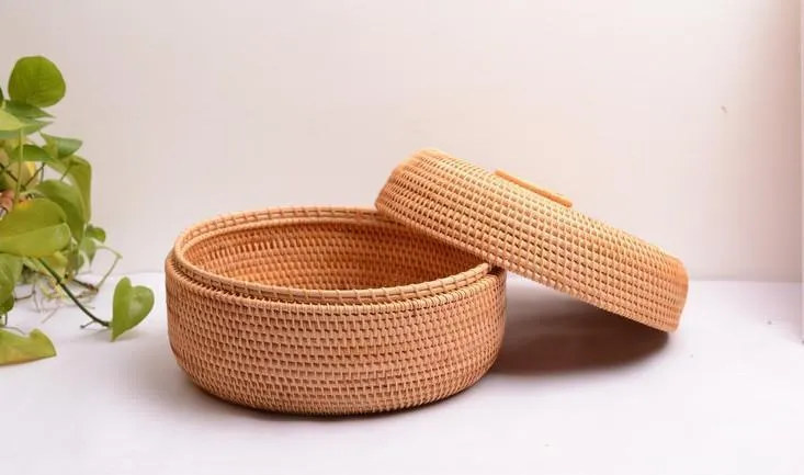 Rattan Basket, Storage Basket with Lid, Woven Basket for Kitchen, Storage Basket for Dining Room, Round Storage Basket