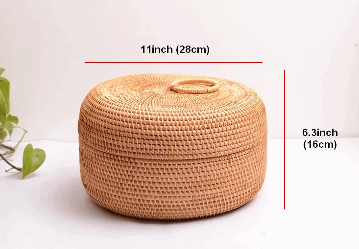 Rattan Basket, Storage Basket with Lid, Woven Basket for Kitchen, Storage Basket for Dining Room, Round Storage Basket