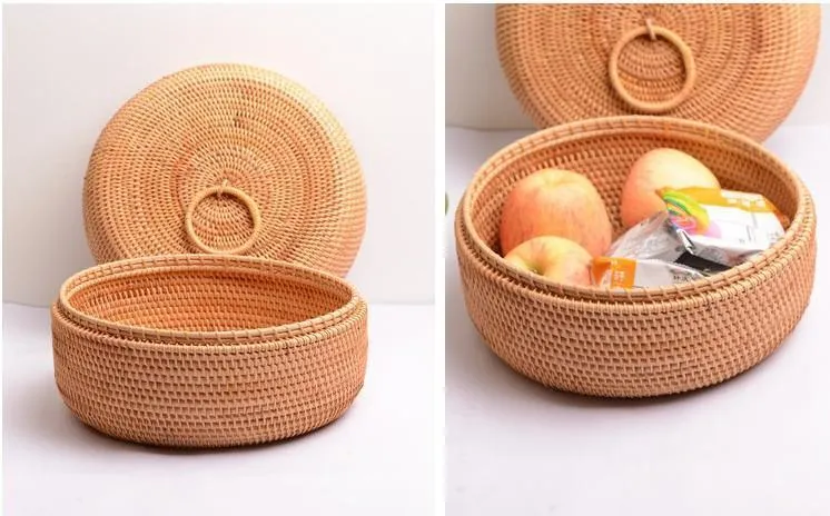 Rattan Basket, Storage Basket with Lid, Woven Basket for Kitchen, Storage Basket for Dining Room, Round Storage Basket