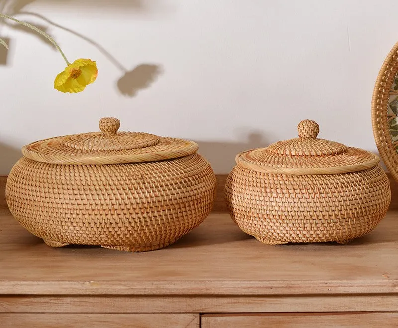 Rattan Storage Basket for Kitchen, Storage Basket for Picnic, Small Storage Baskets, Round Storage Basket with Lid, Woven Storage Baskets