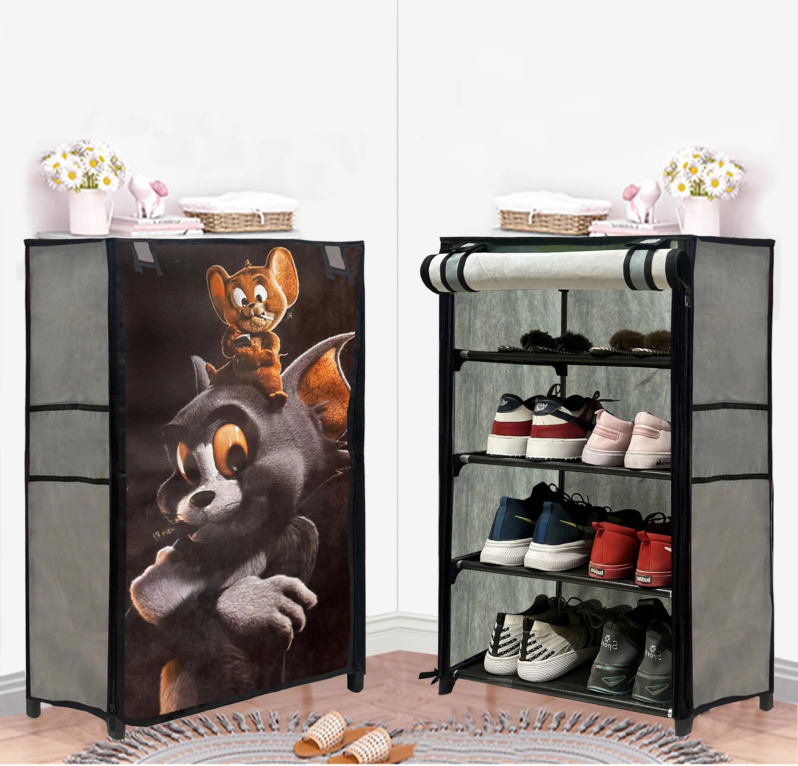 RAXON WORLD Multipurpose Collapsible 4 layer Metal Tom & Jerry Cartoon Printed Shoe Stand, Shoe Organiser for Home & Office (Grey, Metal)