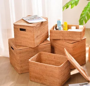 Rectangular Storage Basket with Lid, Rattan Basket, Storage Basket for Shelves, Storage Baskets for Bathroom, Bedroom Storage Baskets