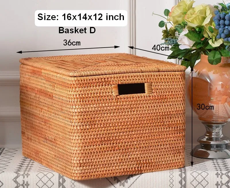 Rectangular Storage Basket with Lid, Rattan Basket, Storage Basket for Shelves, Storage Baskets for Bathroom, Bedroom Storage Baskets