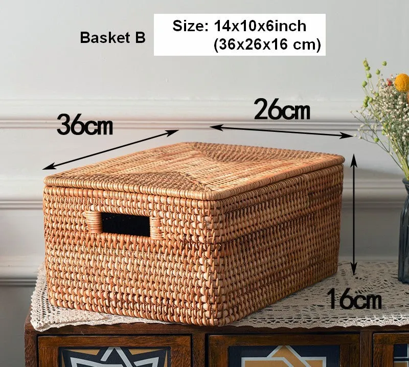 Rectangular Storage Basket with Lid, Rattan Basket, Storage Basket for Shelves, Storage Baskets for Bathroom, Bedroom Storage Baskets