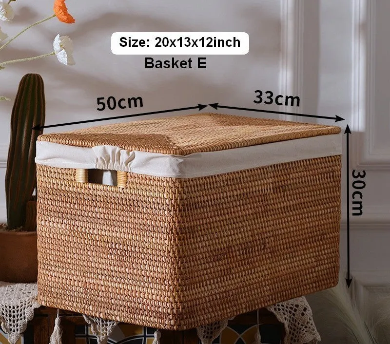 Rectangular Storage Basket with Lid, Rattan Basket, Storage Basket for Shelves, Storage Baskets for Bathroom, Bedroom Storage Baskets