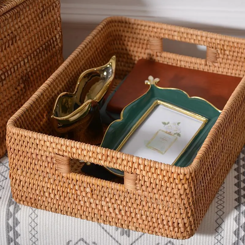 Rectangular Storage Basket with Lid, Rattan Basket, Storage Basket for Shelves, Storage Baskets for Bathroom, Bedroom Storage Baskets