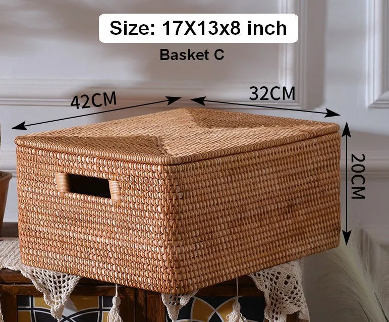 Rectangular Storage Basket with Lid, Rattan Basket, Storage Basket for Shelves, Storage Baskets for Bathroom, Bedroom Storage Baskets