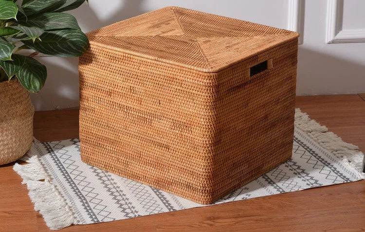 Rectangular Storage Basket with Lid, Rattan Basket, Storage Basket for Shelves, Storage Baskets for Bathroom, Bedroom Storage Baskets