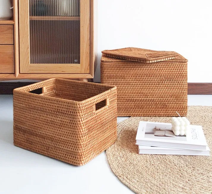 Rectangular Storage Basket with Lid, Rattan Basket, Storage Basket for Shelves, Storage Baskets for Bathroom, Bedroom Storage Baskets