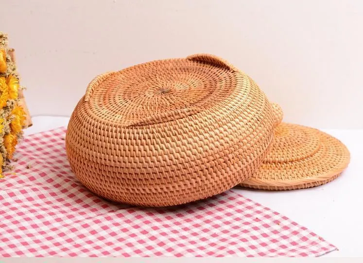 Round Storage Basket, Woven Storage Basket with Lid, Rattan Basket for Kitchen, Wicker Storage Basket