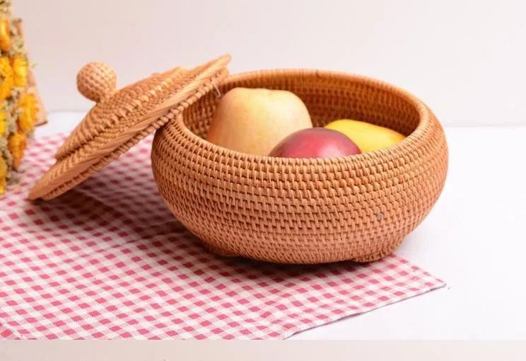 Round Storage Basket, Woven Storage Basket with Lid, Rattan Basket for Kitchen, Wicker Storage Basket