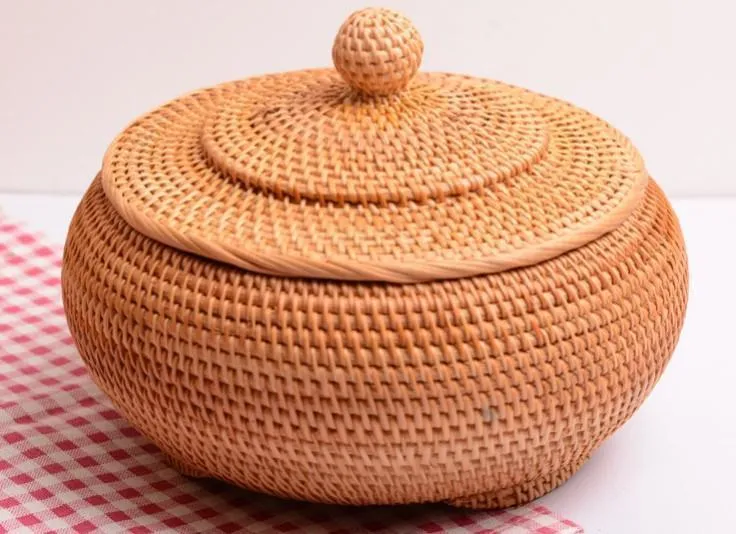 Round Storage Basket, Woven Storage Basket with Lid, Rattan Basket for Kitchen, Wicker Storage Basket