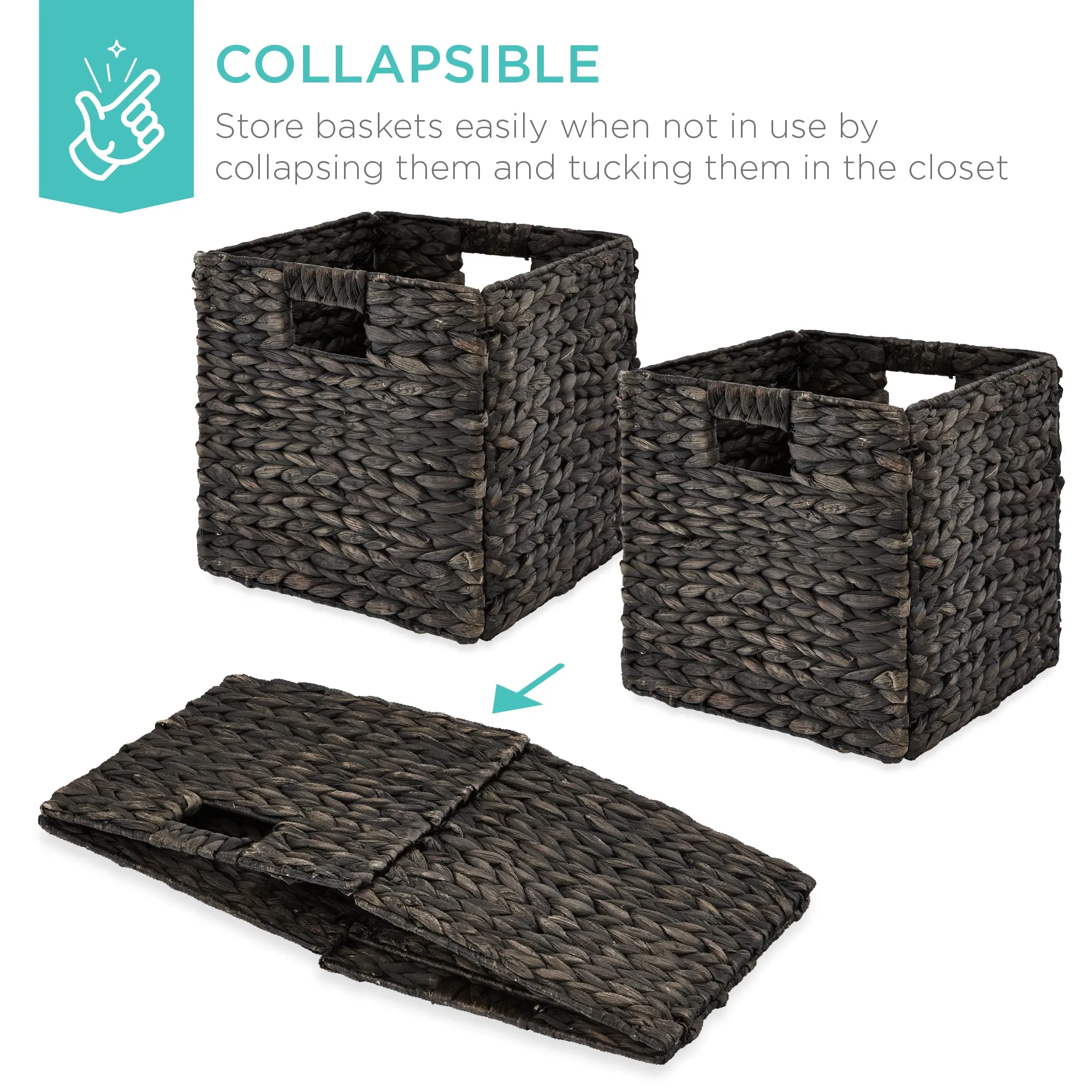 Set of 5 Collapsible Hyacinth Storage Baskets w/ Inserts - 10.5x10.5in