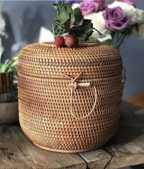 Small Woven Storage Basket, Storage Basket for Dining Room Table, Storage Basket with Lid, Storage Baskets for Kitchen, Rattan Storage Basket