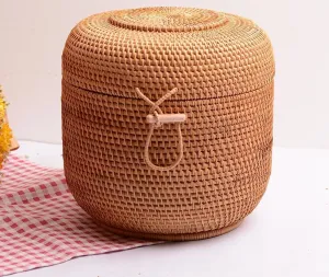 Small Woven Storage Basket, Storage Basket for Dining Room Table, Storage Basket with Lid, Storage Baskets for Kitchen, Rattan Storage Basket