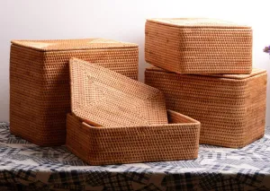 Storage Baskets with Lid, Rectangular Storage Baskets, Storage Baskets for Clothes, Pantry Storage Baskets, Rattan Woven Storage Basket for Bedroom