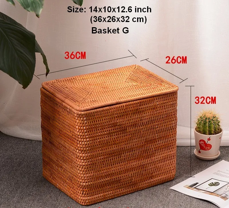 Storage Baskets with Lid, Rectangular Storage Baskets, Storage Baskets for Clothes, Pantry Storage Baskets, Rattan Woven Storage Basket for Bedroom