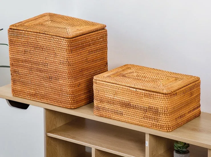 Storage Baskets with Lid, Rectangular Storage Baskets, Storage Baskets for Clothes, Pantry Storage Baskets, Rattan Woven Storage Basket for Bedroom