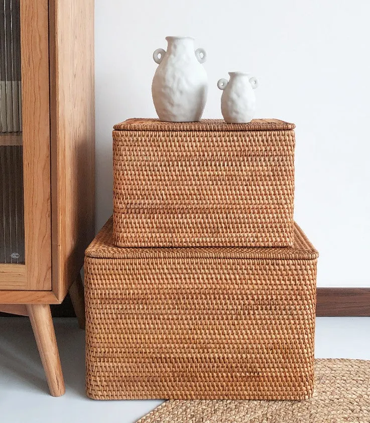 Storage Baskets with Lid, Rectangular Storage Baskets, Storage Baskets for Clothes, Pantry Storage Baskets, Rattan Woven Storage Basket for Bedroom