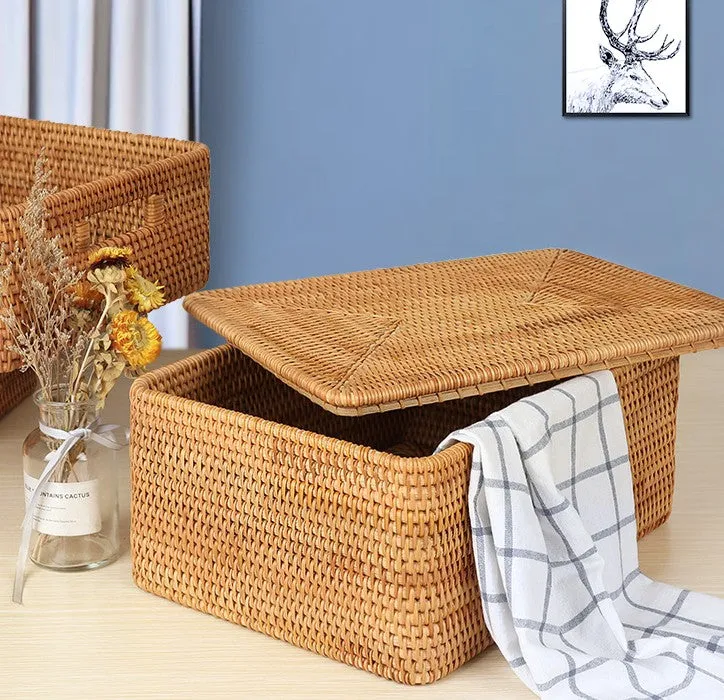 Storage Baskets with Lid, Rectangular Storage Baskets, Storage Baskets for Clothes, Pantry Storage Baskets, Rattan Woven Storage Basket for Bedroom