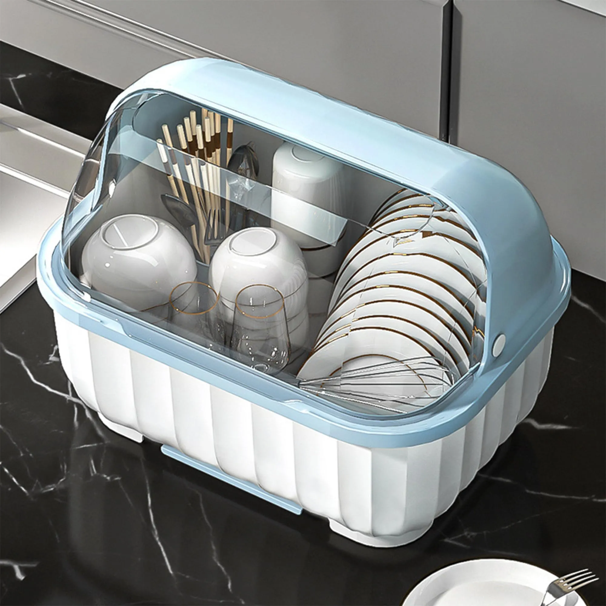 Urbane Home Kitchen Bowls and Dishes Storage Rack| Draining Rack | Kitchen Bowls and Dishes Organizer | Loaded Tableware Storage Box with Lid | W4513 | Blue