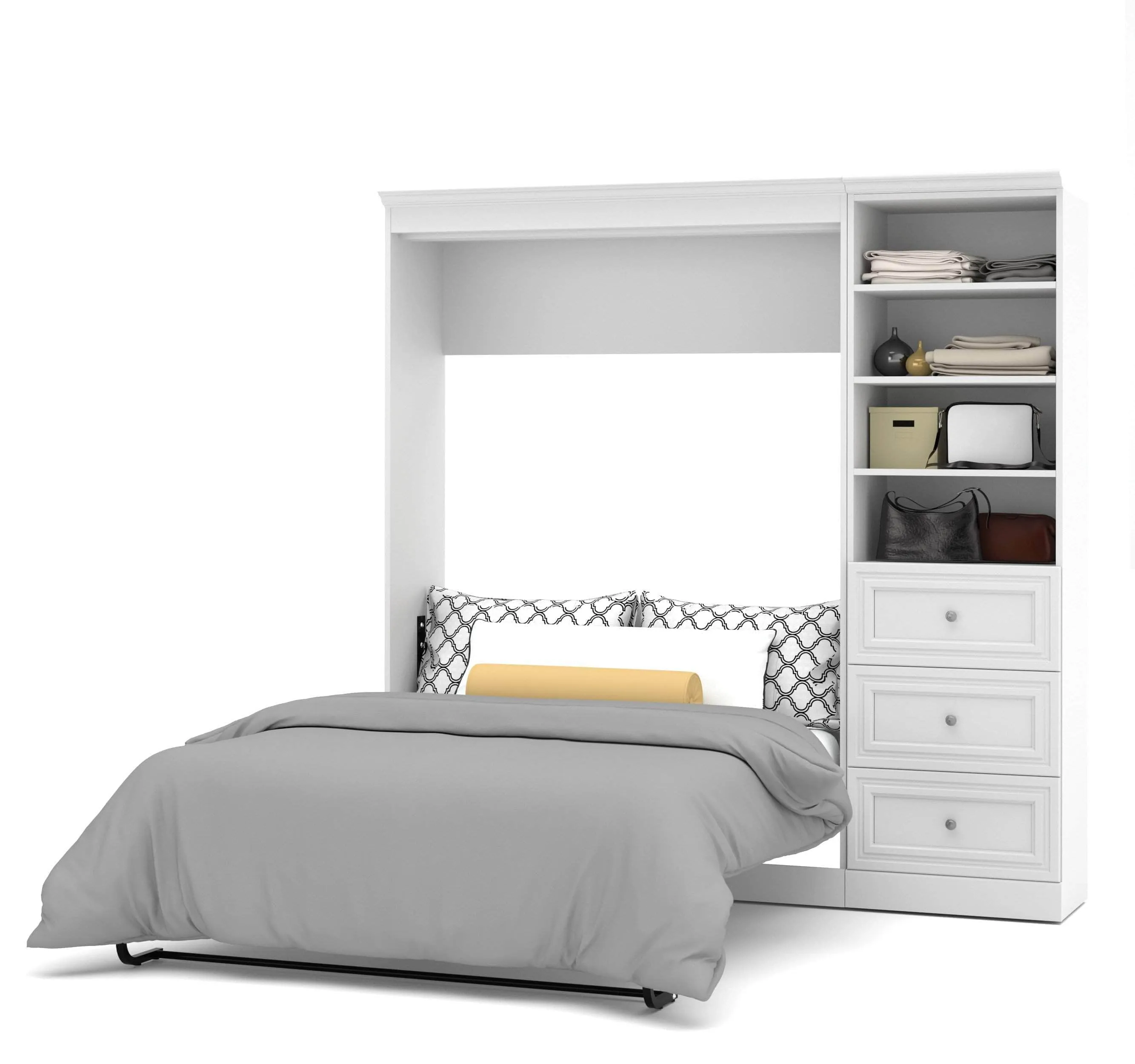 Versatile Full Murphy Wall Bed and 1 Storage Unit with Drawers (84”) - White