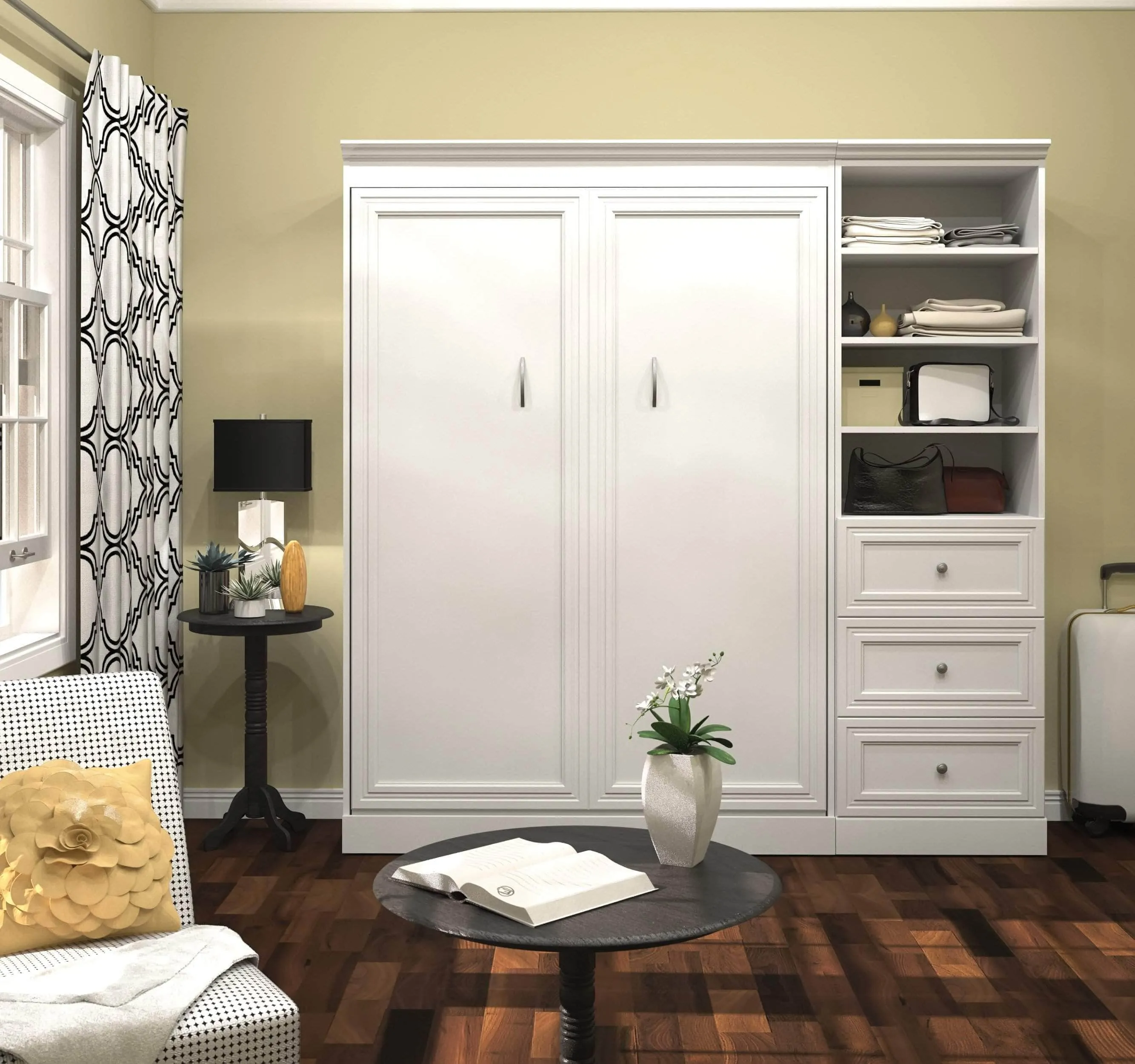 Versatile Full Murphy Wall Bed and 1 Storage Unit with Drawers (84”) - White