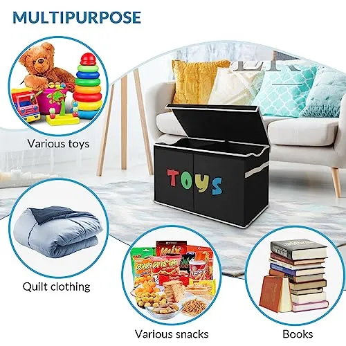 VICTORICH Toy Box Chest for Boys Girls, Collapsible Kids Toy Organizers Storage Bins Extra Large Toy Baskets with Lid & Handles for Clothes, Blanket, Nursery, Playroom, Bedroom, Stuffed Animals, Black