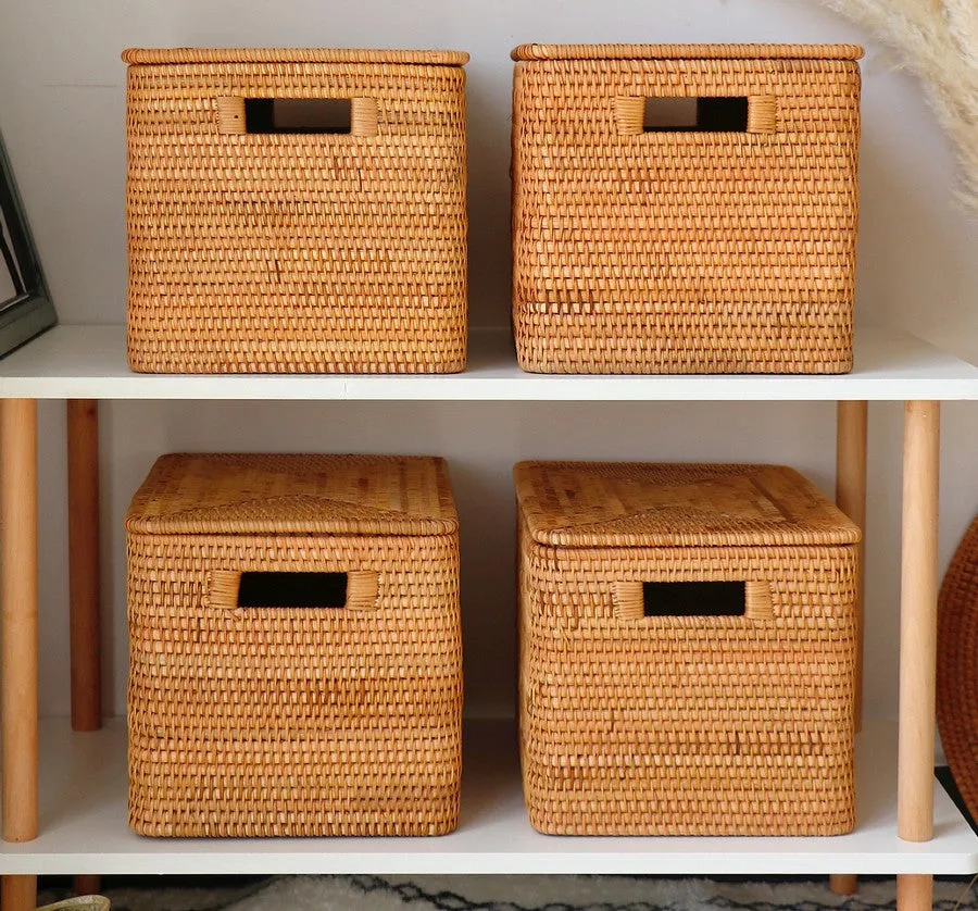 Wicker Rectangular Storage Basket with Lid, Extra Large Storage Baskets for Clothes, Kitchen Storage Baskets, Oversized Storage Baskets for Bedroom