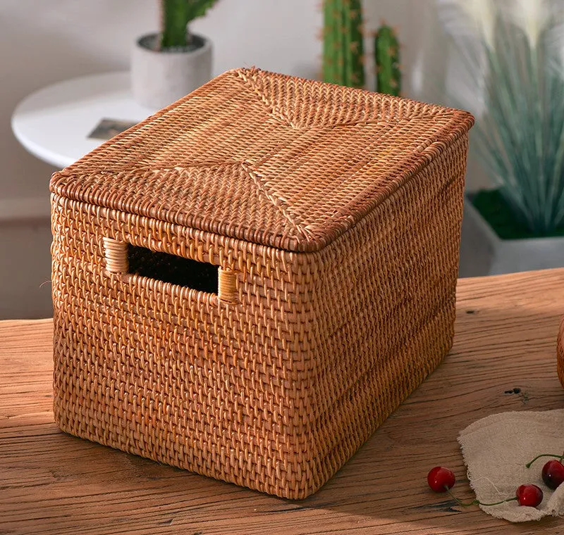 Wicker Rectangular Storage Basket with Lid, Extra Large Storage Baskets for Clothes, Kitchen Storage Baskets, Oversized Storage Baskets for Bedroom