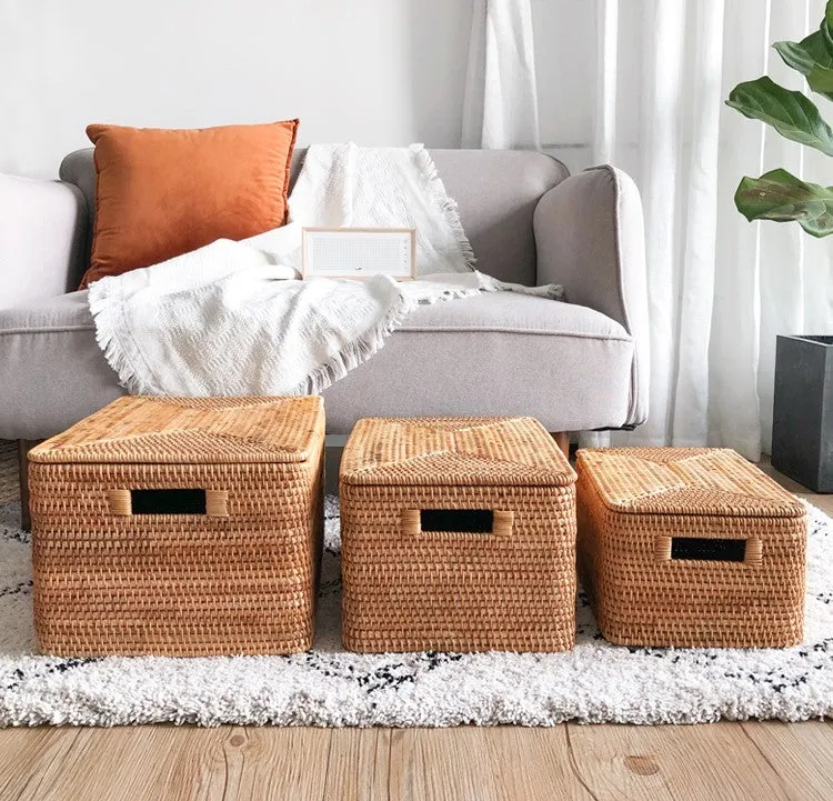 Wicker Rectangular Storage Basket with Lid, Extra Large Storage Baskets for Clothes, Kitchen Storage Baskets, Oversized Storage Baskets for Bedroom