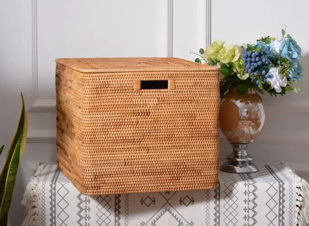 Wicker Rectangular Storage Basket with Lid, Extra Large Storage Baskets for Clothes, Kitchen Storage Baskets, Oversized Storage Baskets for Bedroom