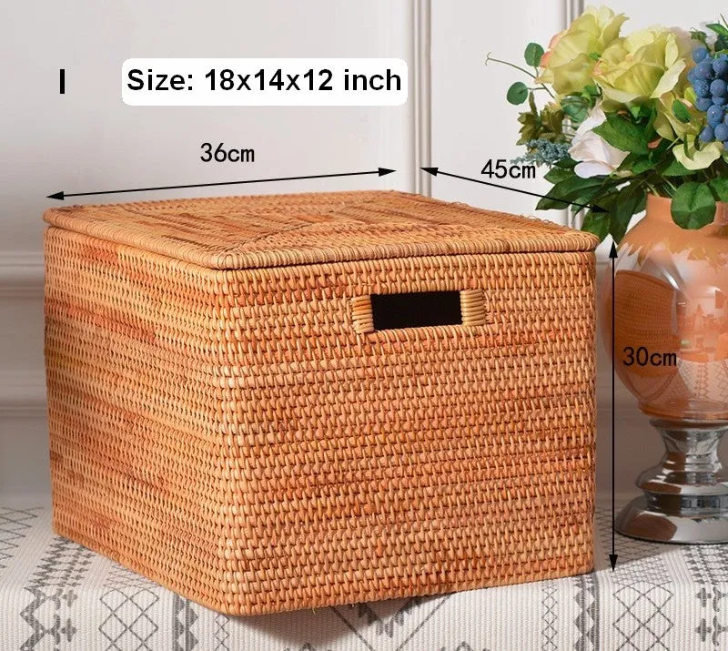 Wicker Rectangular Storage Basket with Lid, Extra Large Storage Baskets for Clothes, Kitchen Storage Baskets, Oversized Storage Baskets for Bedroom