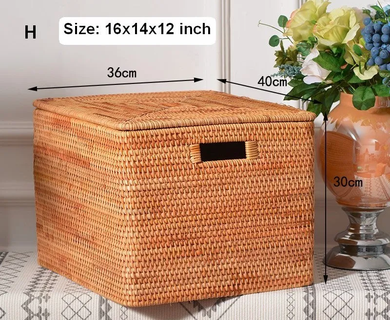 Wicker Rectangular Storage Basket with Lid, Extra Large Storage Baskets for Clothes, Kitchen Storage Baskets, Oversized Storage Baskets for Bedroom